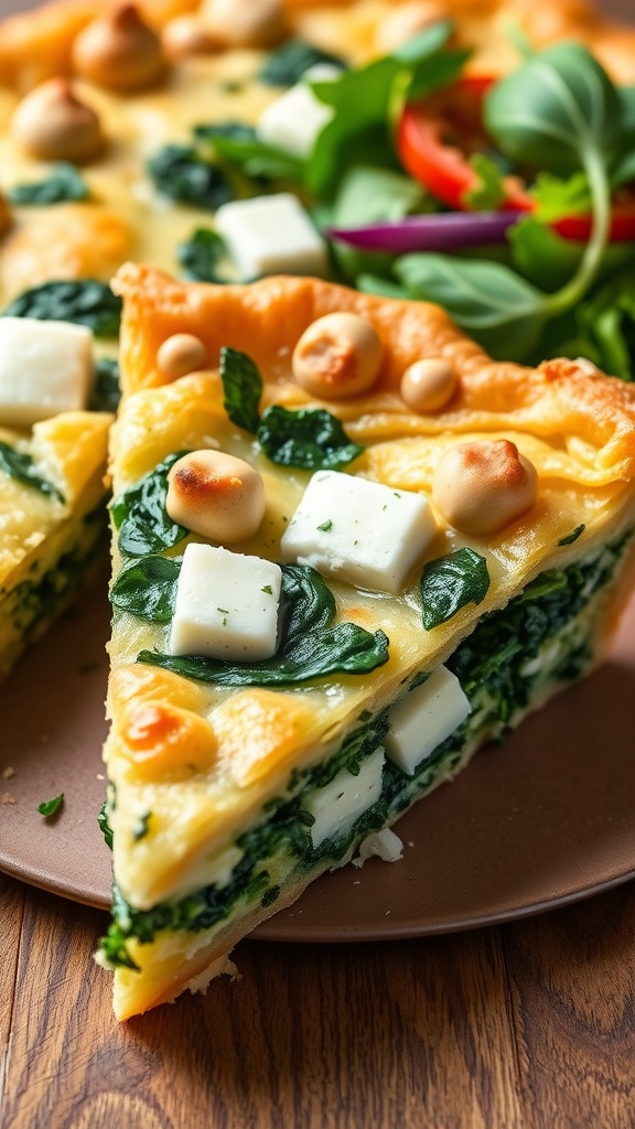 A slice of spinach and feta pie with flaky phyllo pastry, garnished with fresh herbs, on a rustic wooden table.